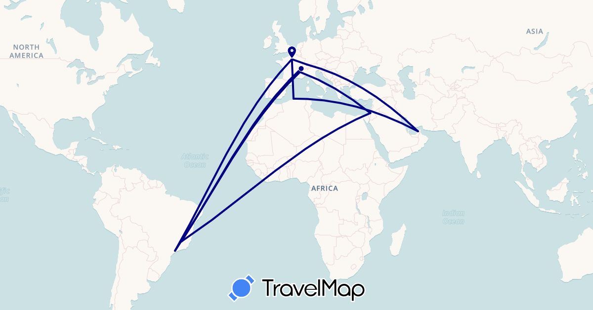 TravelMap itinerary: driving in United Arab Emirates, Brazil, Switzerland, Algeria, France, Israel (Africa, Asia, Europe, South America)